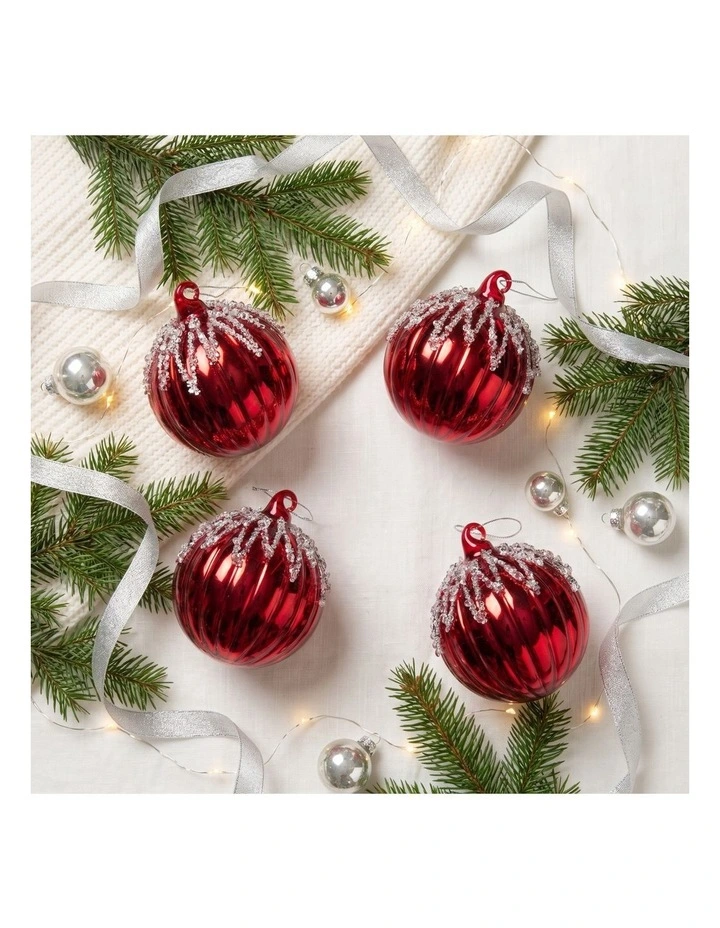 Christabelle 6 Red Glass Christmas Baubles Jewel Ice Drips 8cm Xmas Tree Decorations image 3