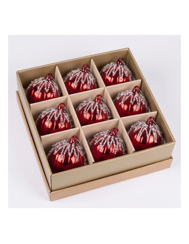 Christabelle 6 Red Glass Christmas Baubles Jewel Ice Drips 8cm Xmas Tree Decorations image 4
