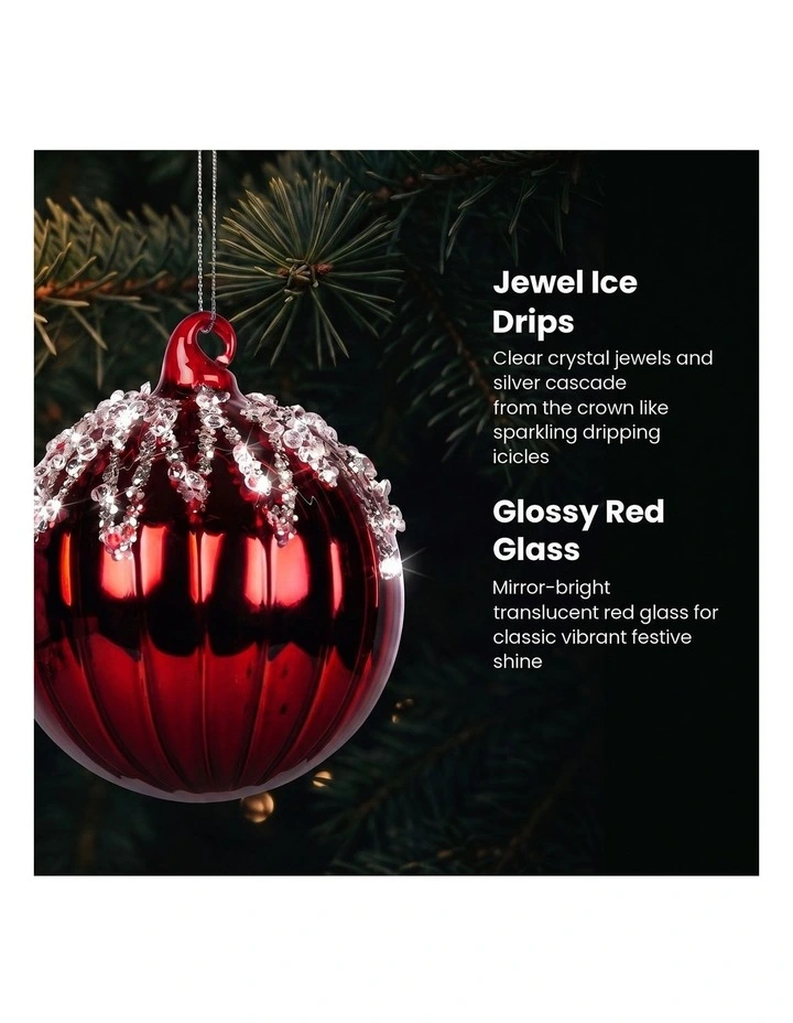 Christabelle 6 Red Glass Christmas Baubles Jewel Ice Drips 8cm Xmas Tree Decorations image 6