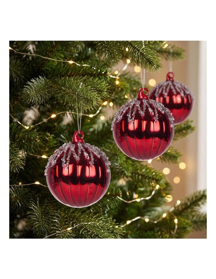 Christabelle 6 Red Glass Christmas Baubles Jewel Ice Drips 8cm Xmas Tree Decorations image 7