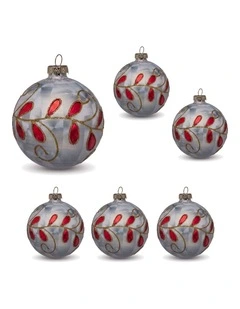 Christabelle 6 White Glass Christmas Baubles Red Jewel Leaf 8cm Xmas Tree Decorations