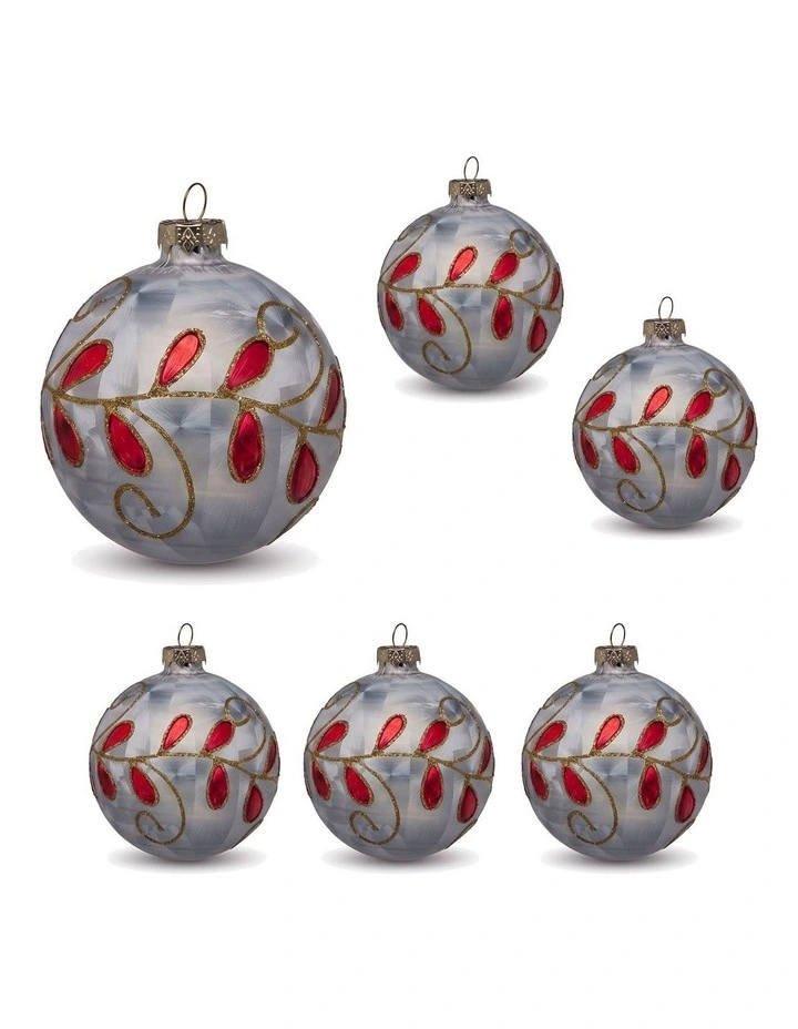 Christabelle 6 White Glass Christmas Baubles Red Jewel Leaf 8cm Xmas Tree Decorations image 1