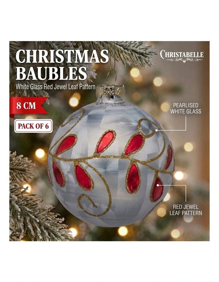 Christabelle 6 White Glass Christmas Baubles Red Jewel Leaf 8cm Xmas Tree Decorations image 2