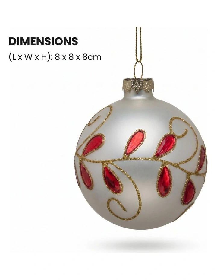 Christabelle 6 White Glass Christmas Baubles Red Jewel Leaf 8cm Xmas Tree Decorations image 3