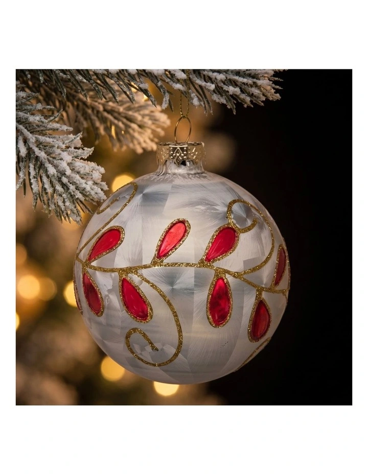 Christabelle 6 White Glass Christmas Baubles Red Jewel Leaf 8cm Xmas Tree Decorations image 4