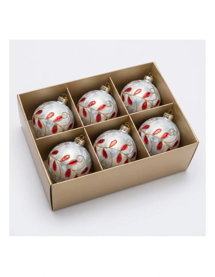 Christabelle 6 White Glass Christmas Baubles Red Jewel Leaf 8cm Xmas Tree Decorations image 5