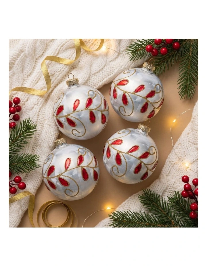 Christabelle 6 White Glass Christmas Baubles Red Jewel Leaf 8cm Xmas Tree Decorations image 6