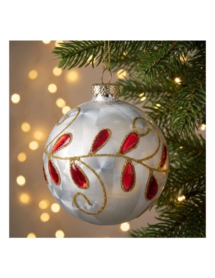 Christabelle 6 White Glass Christmas Baubles Red Jewel Leaf 8cm Xmas Tree Decorations image 7