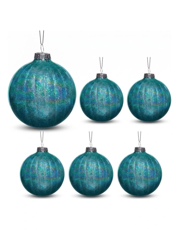 Christabelle 6 Teal Glass Christmas Baubles Textured Gloss 8cm Xmas Tree Decorations image 1