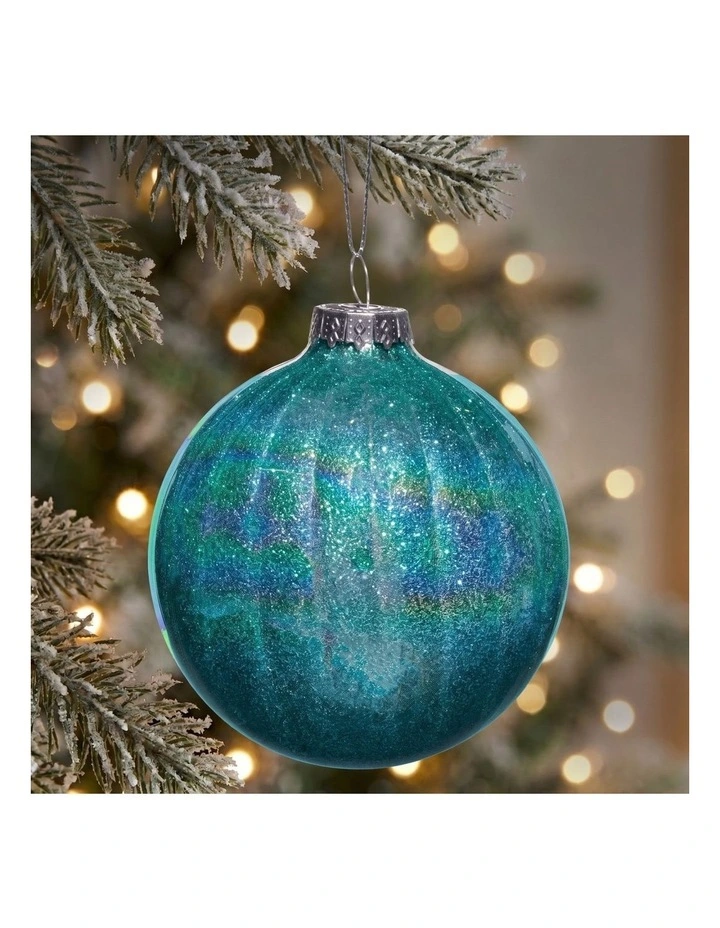 Christabelle 6 Teal Glass Christmas Baubles Textured Gloss 8cm Xmas Tree Decorations image 2