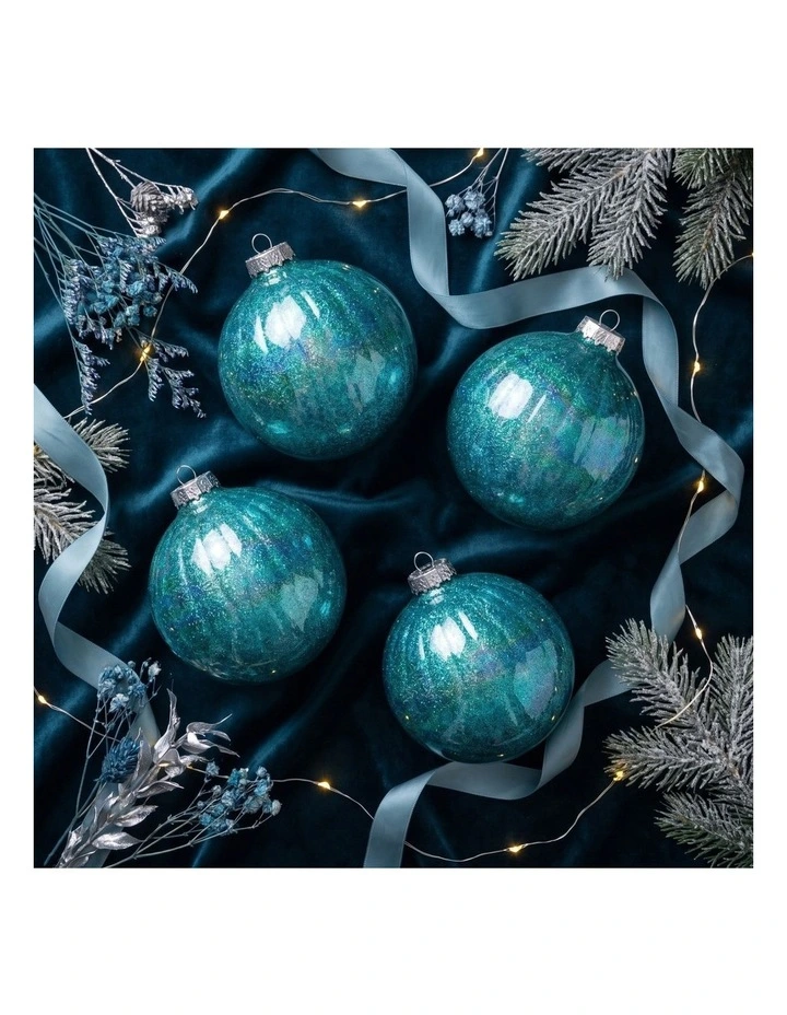 Christabelle 6 Teal Glass Christmas Baubles Textured Gloss 8cm Xmas Tree Decorations image 3