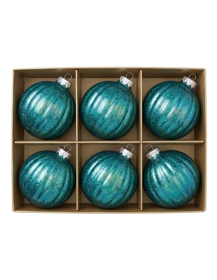 Christabelle 6 Teal Glass Christmas Baubles Textured Gloss 8cm Xmas Tree Decorations image 5