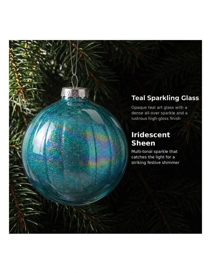 Christabelle 6 Teal Glass Christmas Baubles Textured Gloss 8cm Xmas Tree Decorations image 6
