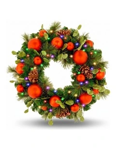 Christabelle 61cm Sable Fir Christmas Wreath Pre Lit Multi Function LED Eucalyptus Red Baubles Home