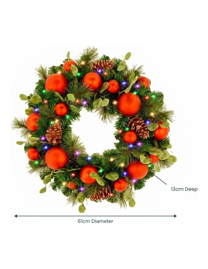 Christabelle 61cm Sable Fir Christmas Wreath Pre Lit Multi Function LED Eucalyptus Red Baubles Home image 2