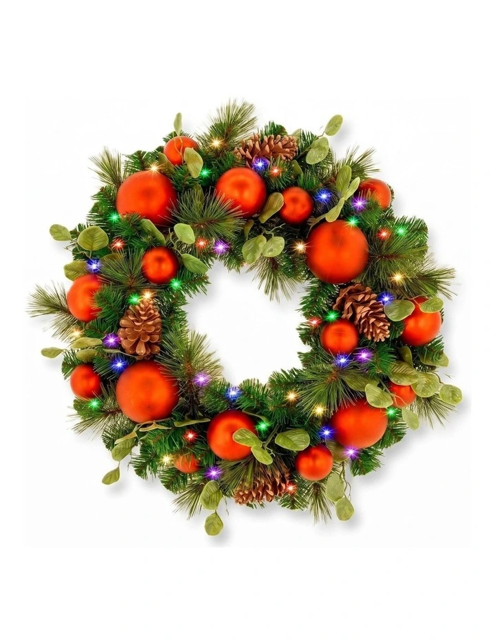 Christabelle 61cm Sable Fir Christmas Wreath Pre Lit Multi Function LED Eucalyptus Red Baubles Home image 3