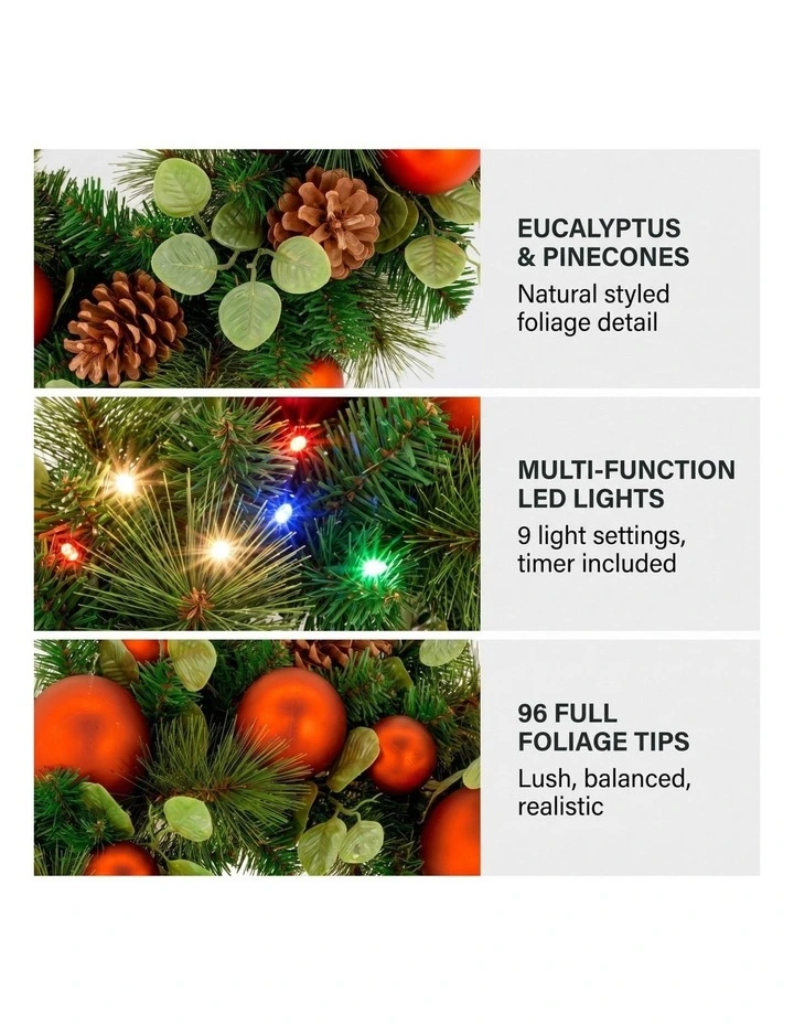 Christabelle 61cm Sable Fir Christmas Wreath Pre Lit Multi Function LED Eucalyptus Red Baubles Home image 5
