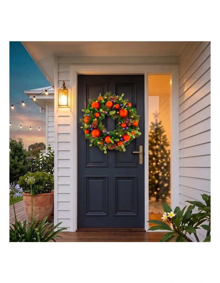 Christabelle 61cm Sable Fir Christmas Wreath Pre Lit Multi Function LED Eucalyptus Red Baubles Home image 6