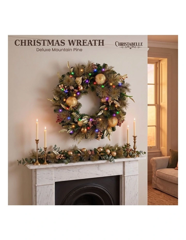 Christabelle 61cm Deluxe Mountain Pine Christmas Wreath Pre Lit Multi Function LED Timer image 5