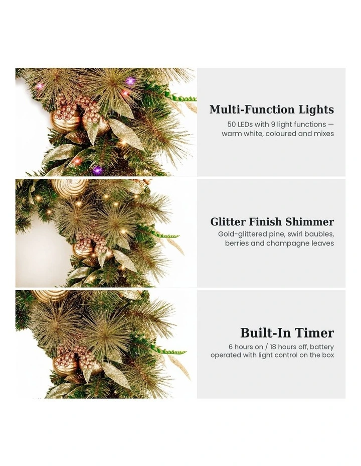 Christabelle 61cm Deluxe Mountain Pine Christmas Wreath Pre Lit Multi Function LED Timer image 6