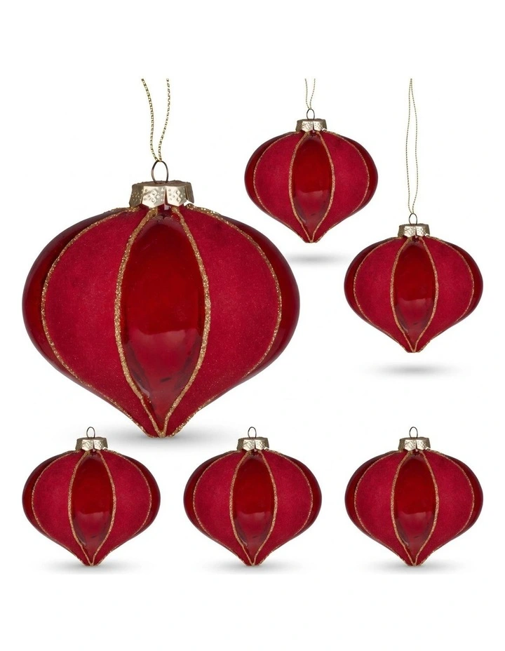 Christabelle 6 Red Glass Christmas Baubles Onion Shape 10cm Xmas Tree Decorations image 1