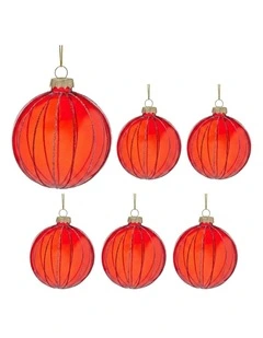 Christabelle 6 Red Glass Christmas Baubles Pink Beaded Stripes 8cm Xmas Tree Decorations