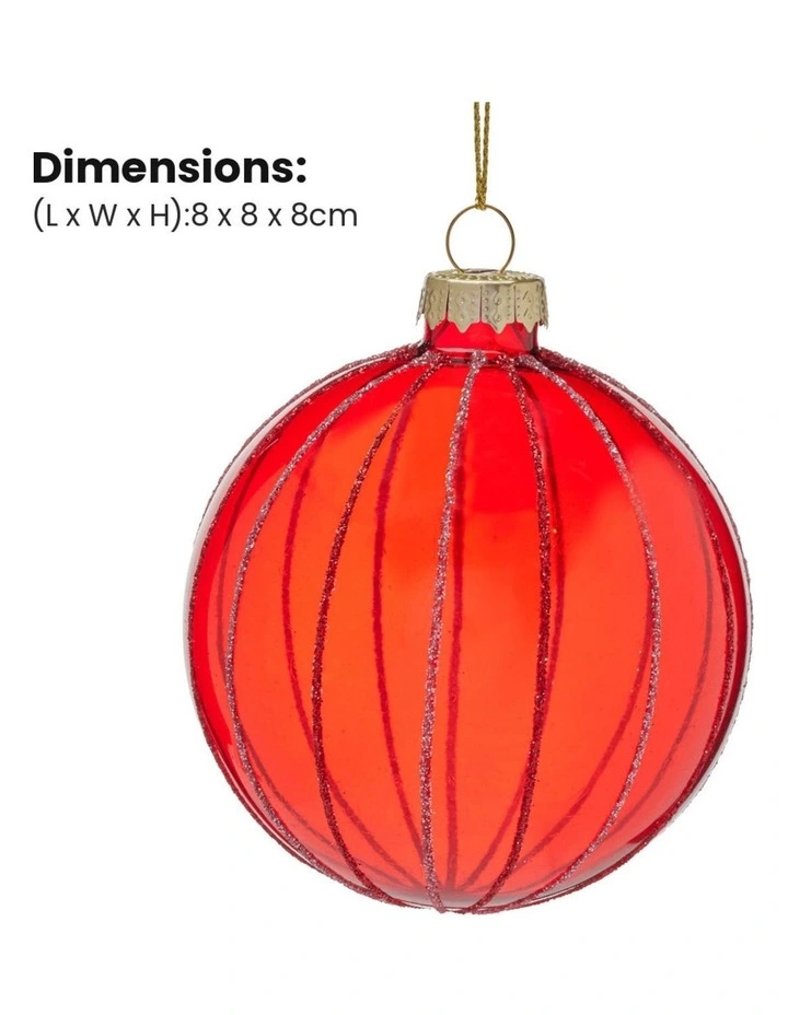 Christabelle 6 Red Glass Christmas Baubles Pink Beaded Stripes 8cm Xmas Tree Decorations image 2
