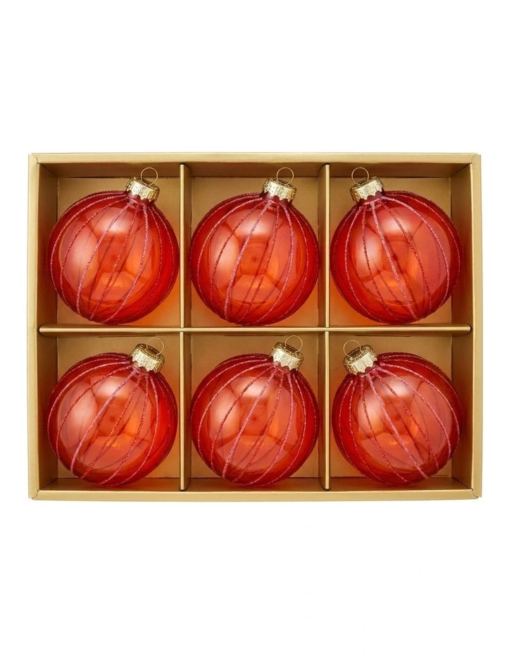 Christabelle 6 Red Glass Christmas Baubles Pink Beaded Stripes 8cm Xmas Tree Decorations image 3