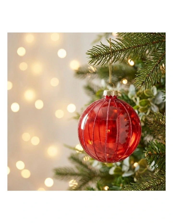 Christabelle 6 Red Glass Christmas Baubles Pink Beaded Stripes 8cm Xmas Tree Decorations image 4
