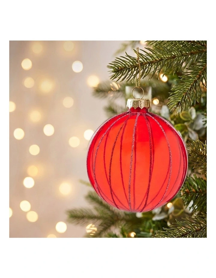Christabelle 6 Red Glass Christmas Baubles Pink Beaded Stripes 8cm Xmas Tree Decorations image 5