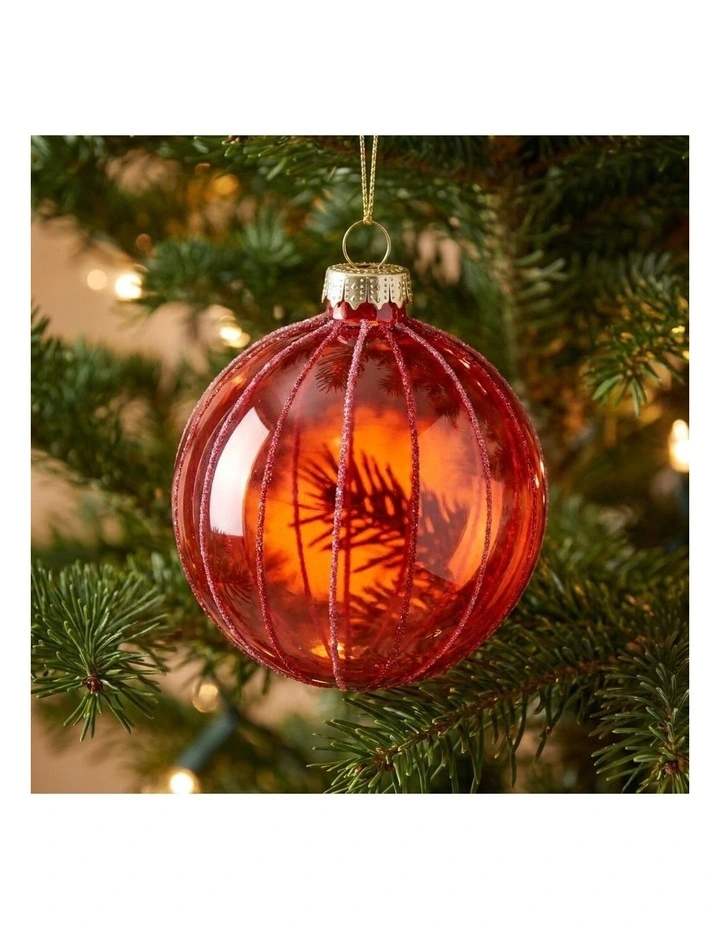 Christabelle 6 Red Glass Christmas Baubles Pink Beaded Stripes 8cm Xmas Tree Decorations image 6