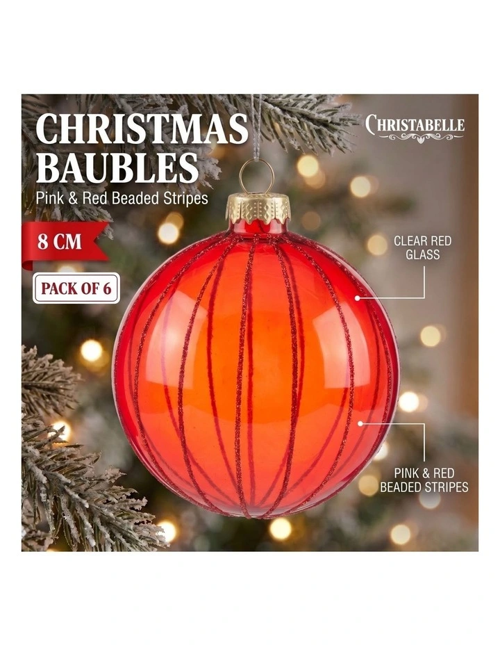 Christabelle 6 Red Glass Christmas Baubles Pink Beaded Stripes 8cm Xmas Tree Decorations image 7
