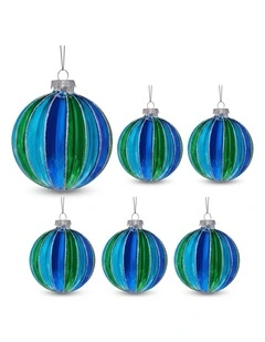 Christabelle 6 Blue Green Glass Christmas Baubles Striped 8cm Xmas Decorations Hanging Ornaments