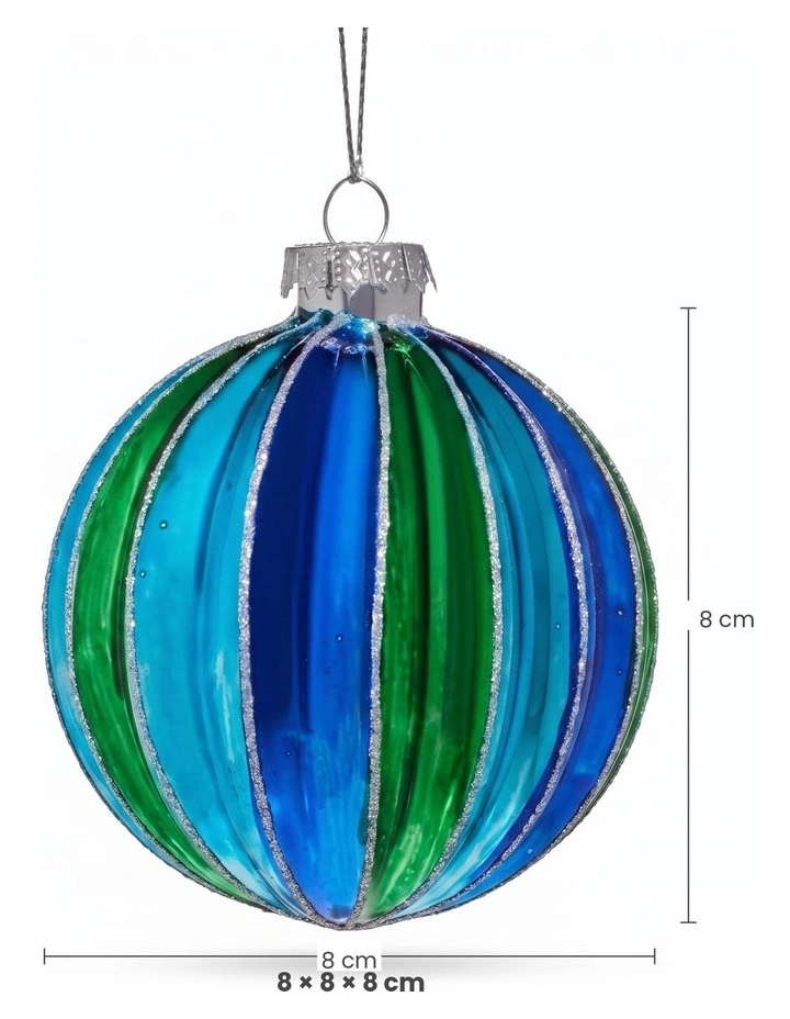 Christabelle 6 Blue Green Glass Christmas Baubles Striped 8cm Xmas Decorations Hanging Ornaments image 2