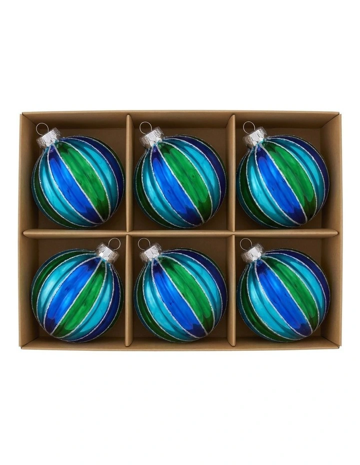 Christabelle 6 Blue Green Glass Christmas Baubles Striped 8cm Xmas Decorations Hanging Ornaments image 3