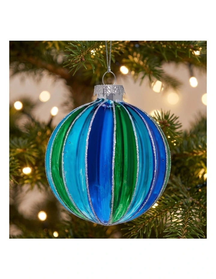 Christabelle 6 Blue Green Glass Christmas Baubles Striped 8cm Xmas Decorations Hanging Ornaments image 4