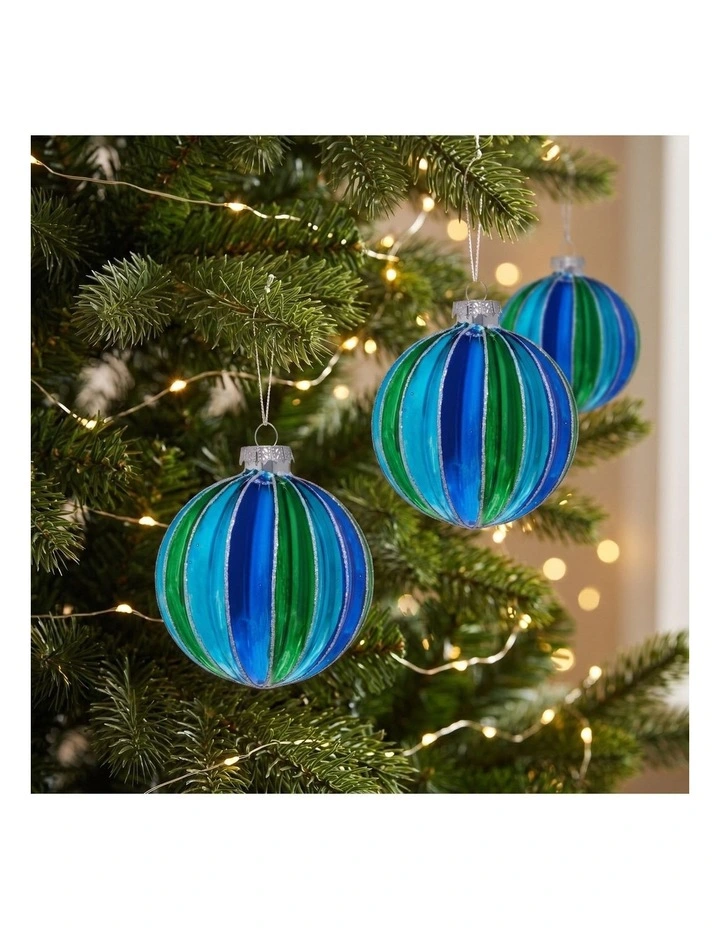 Christabelle 6 Blue Green Glass Christmas Baubles Striped 8cm Xmas Decorations Hanging Ornaments image 5