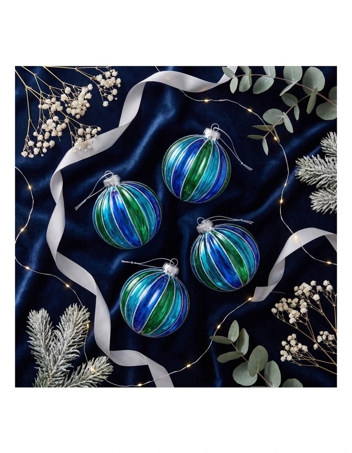 Christabelle 6 Blue Green Glass Christmas Baubles Striped 8cm Xmas Decorations Hanging Ornaments image 6