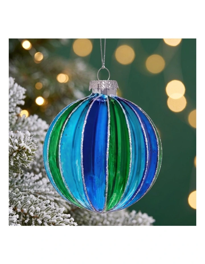 Christabelle 6 Blue Green Glass Christmas Baubles Striped 8cm Xmas Decorations Hanging Ornaments image 7