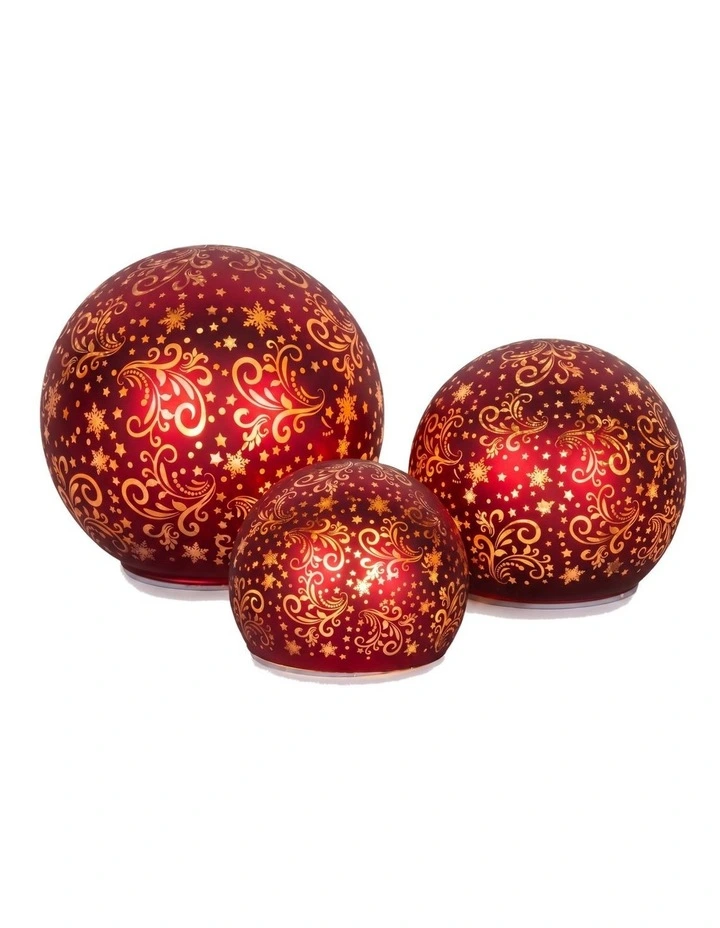 Christabelle 3 Red Glass Christmas LED Light Up Spheres Gold Pattern Table Decor Xmas image 1