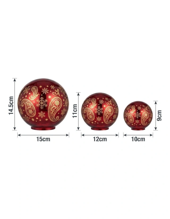 Christabelle 3 Red Glass Christmas LED Light Up Spheres Gold Pattern Table Decor Xmas image 2