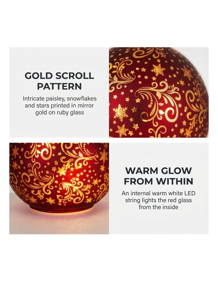 Christabelle 3 Red Glass Christmas LED Light Up Spheres Gold Pattern Table Decor Xmas image 3