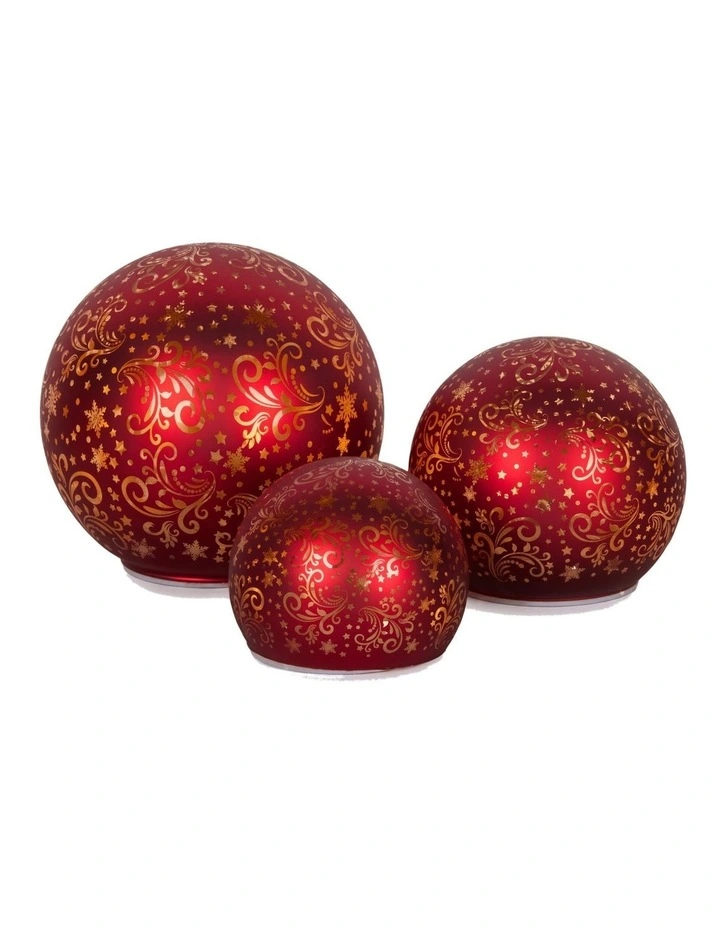 Christabelle 3 Red Glass Christmas LED Light Up Spheres Gold Pattern Table Decor Xmas image 4