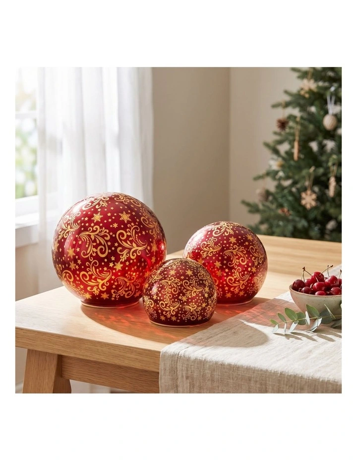 Christabelle 3 Red Glass Christmas LED Light Up Spheres Gold Pattern Table Decor Xmas image 5