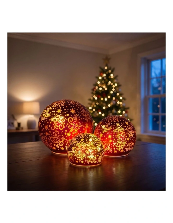 Christabelle 3 Red Glass Christmas LED Light Up Spheres Gold Pattern Table Decor Xmas image 6