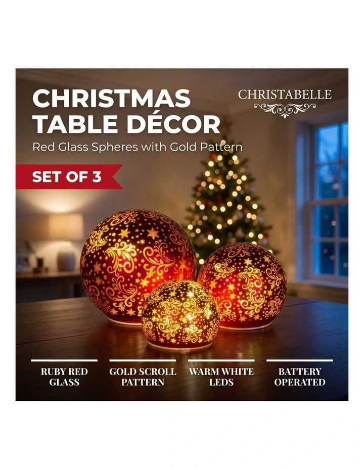 Christabelle 3 Red Glass Christmas LED Light Up Spheres Gold Pattern Table Decor Xmas image 7