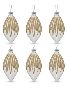 Christabelle 6 Glass Christmas Teardrop Baubles Gold Shimmer Jewels 13cm Xmas Tree Hanging Ornaments
