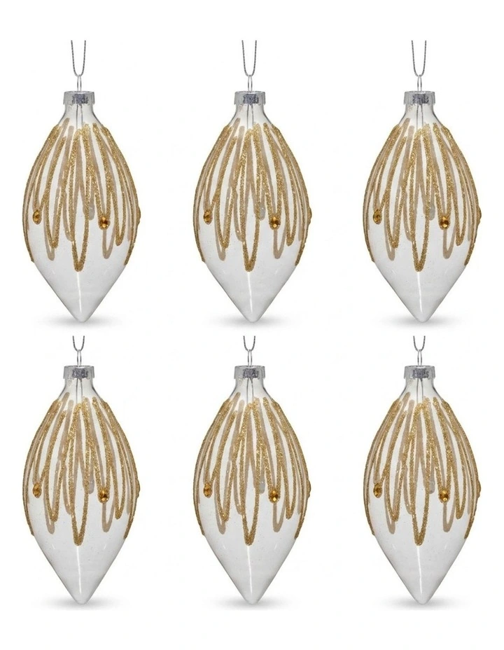 Christabelle 6 Glass Christmas Teardrop Baubles Gold Shimmer Jewels 13cm Xmas Tree Hanging Ornaments image 1