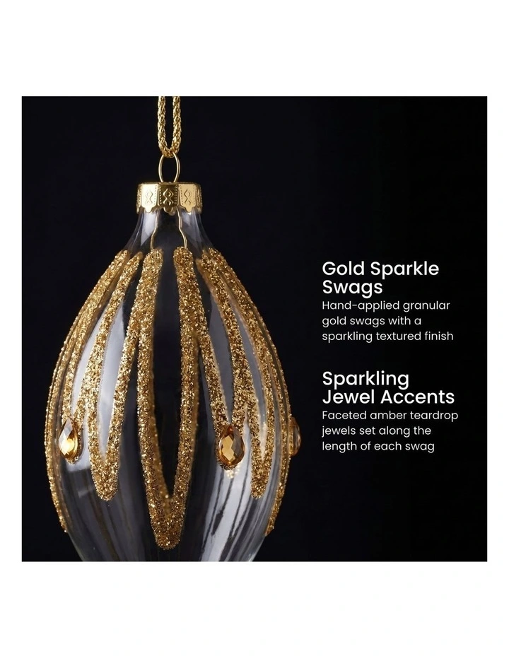 Christabelle 6 Glass Christmas Teardrop Baubles Gold Shimmer Jewels 13cm Xmas Tree Hanging Ornaments image 4