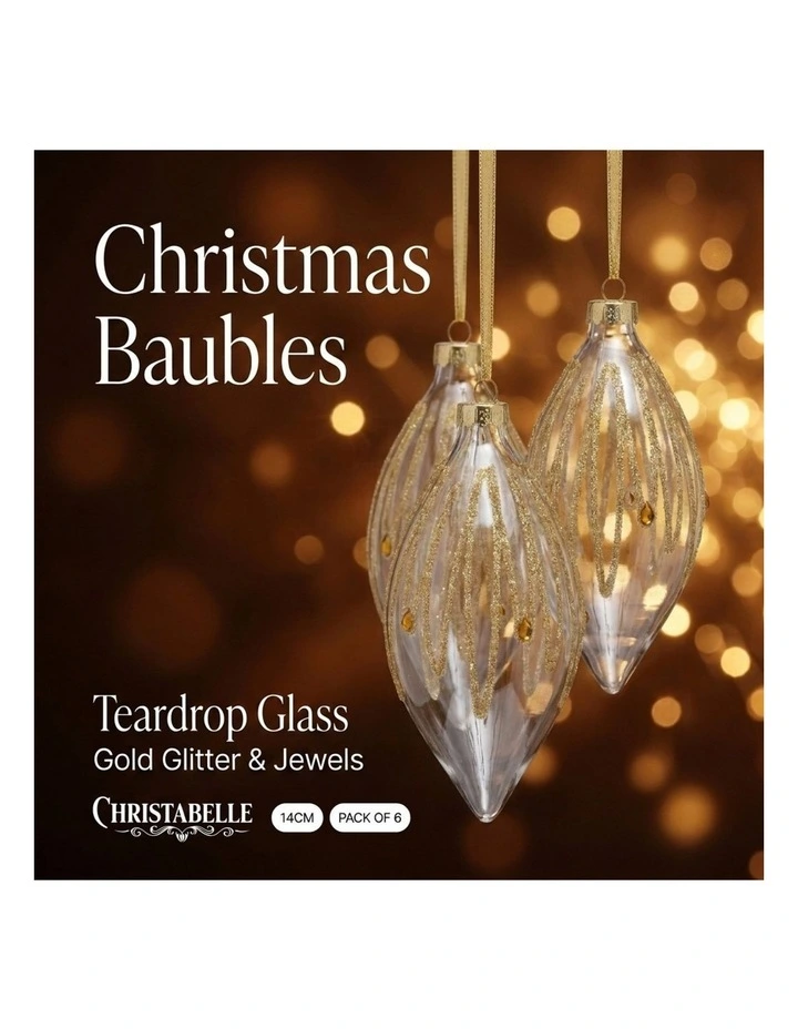 Christabelle 6 Glass Christmas Teardrop Baubles Gold Shimmer Jewels 13cm Xmas Tree Hanging Ornaments image 6